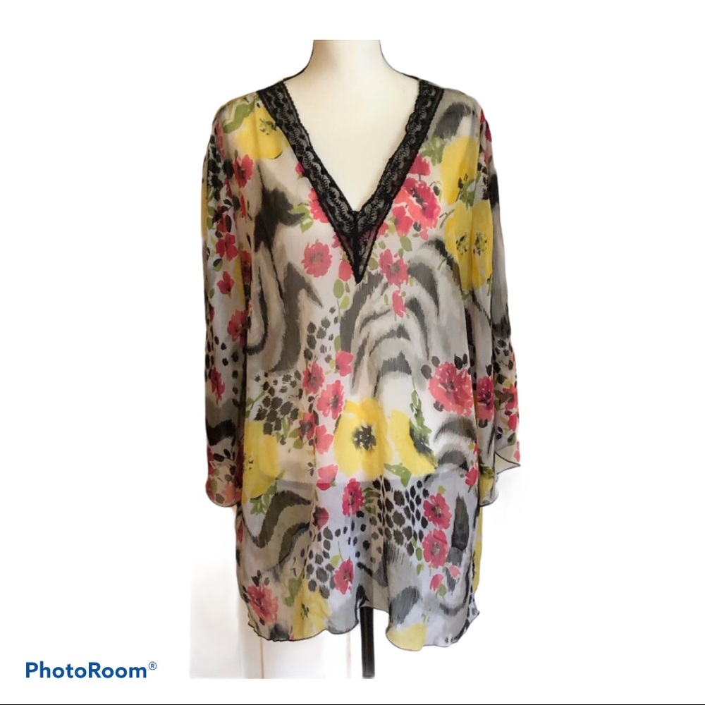 Maggie Barnes sheer flower & cheetah print top 3X